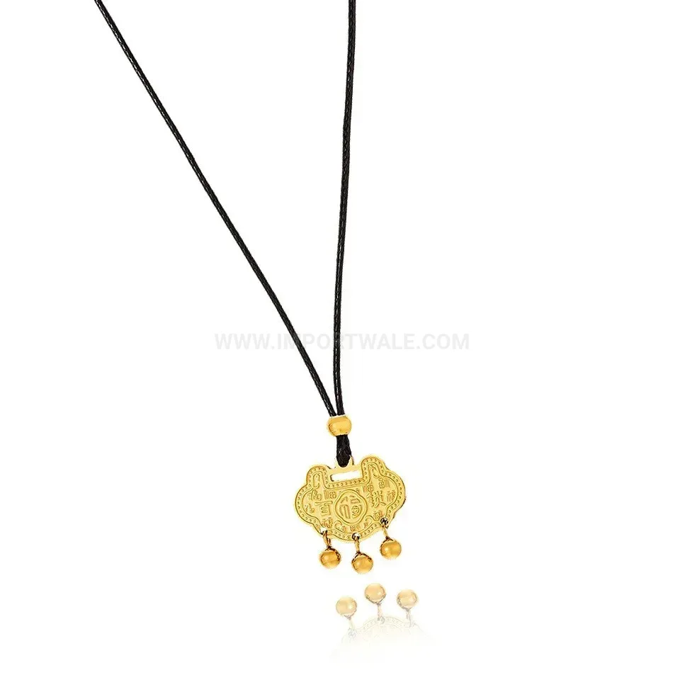 Gold Stainless Steel Longevity Lock Pendant Black Cord Necklace