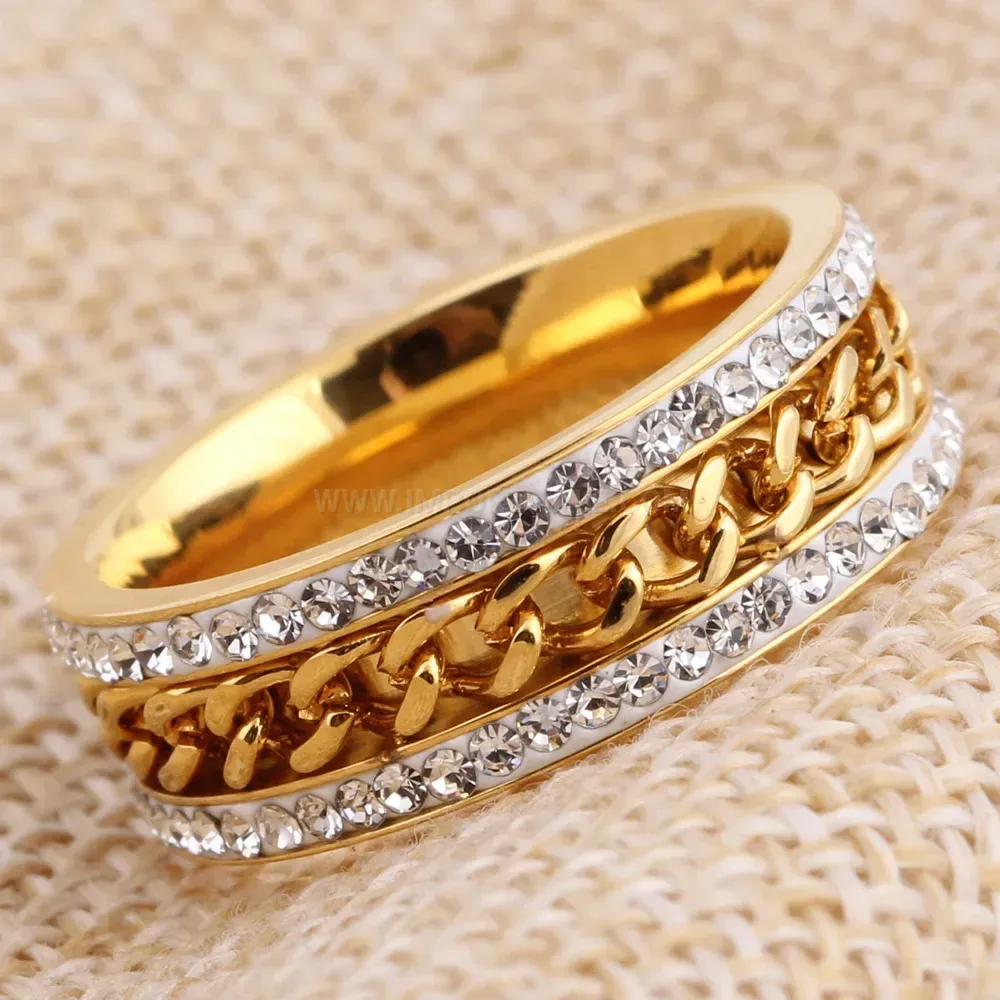 Twisted Chain Double Row Crystal Gold Plated Ring
