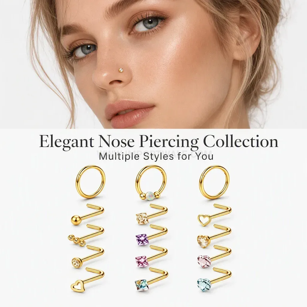 Stylish Stainless Steel Colorful Cubic Zirconia L Shape Nose Stud and Hoop Set
