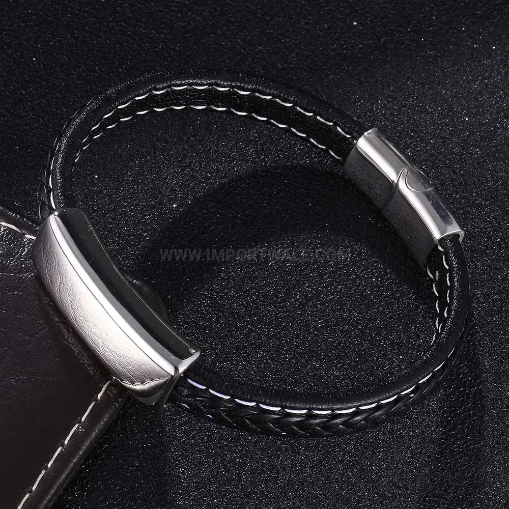 Smooth Microfiber Leather Bracelet With Stainless Steel Accent Bar