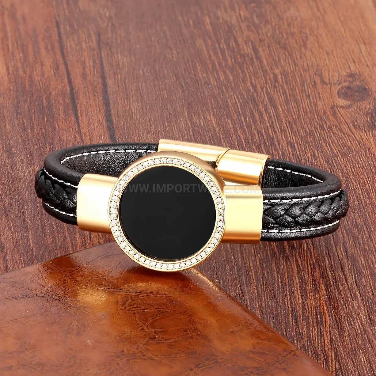 Braided Leather Stone Bracelet with Metal Letter Accent and Magnetic Clasp