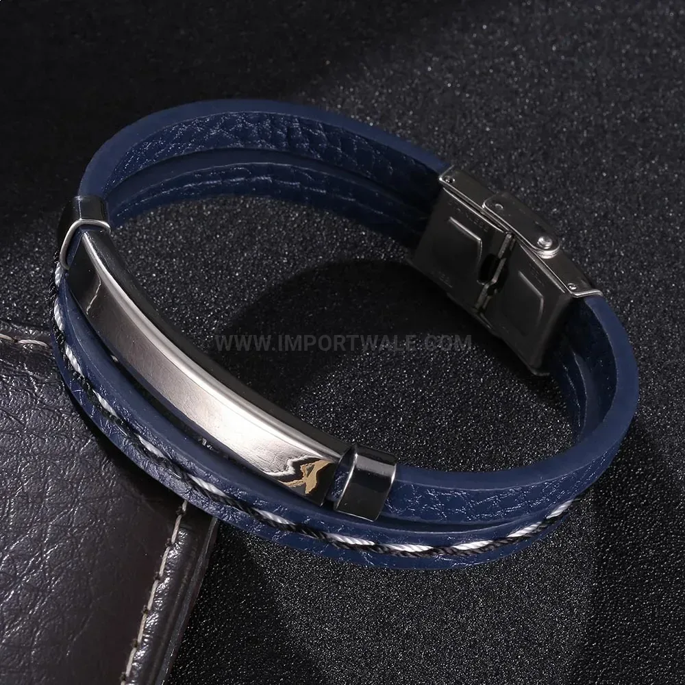 Braided Blue Leather Stainless Steel Engravable Wristband