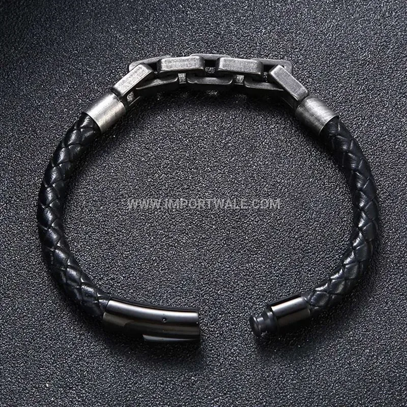 Woven Leather and Stainless Steel Link Men's Bangle Bracelet