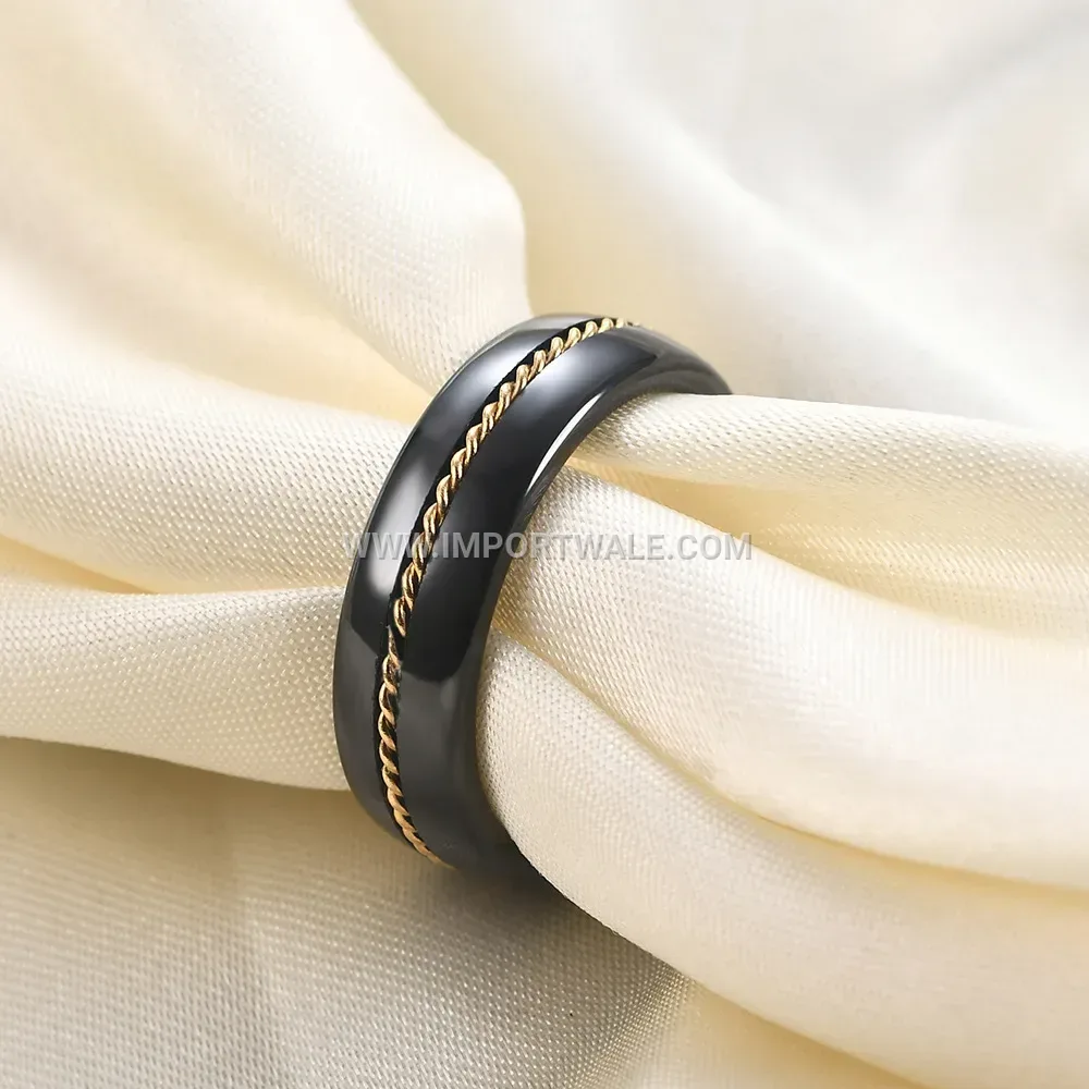 Gold Inlaid Stainless Steel Chain Ceramic 6mm Ring