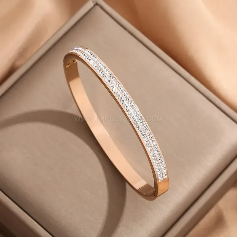 Bold Double Row Rhinestone Titanium Steel Bangle