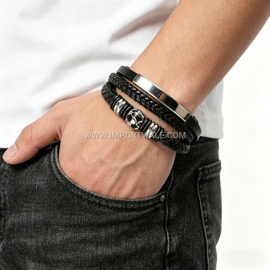 Braided Leather Football Charm Bracelet with Alloy Magnetic Clasp