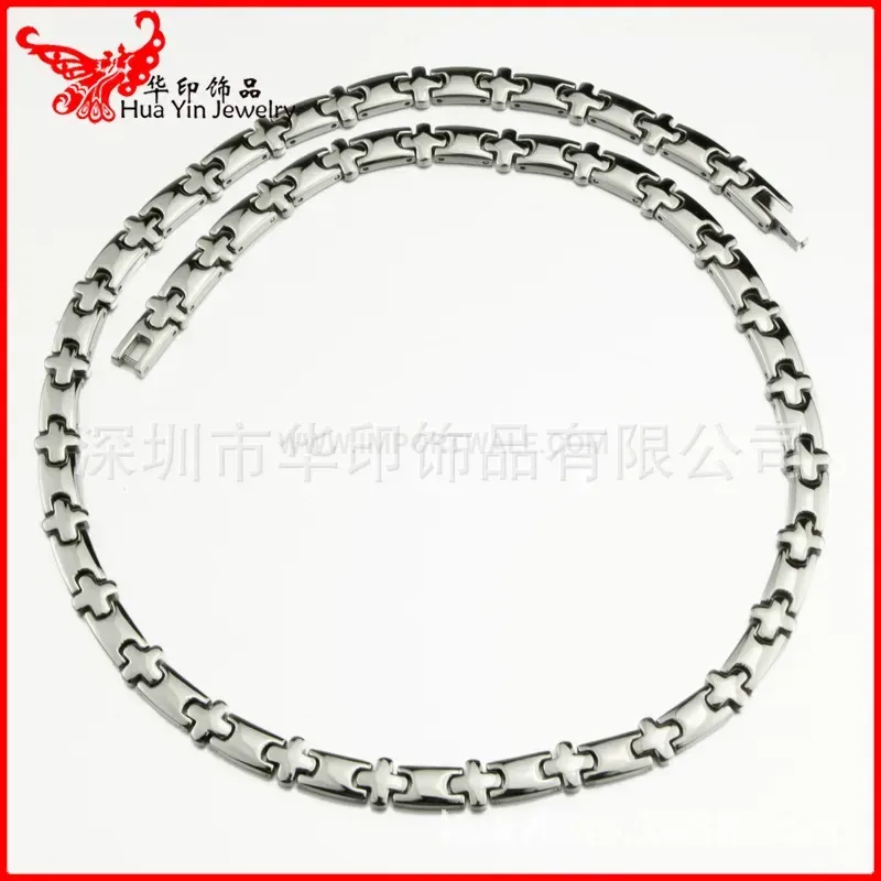 Bold Silver Titanium Bio Magnetic Chain Necklace with Hematite Inlay