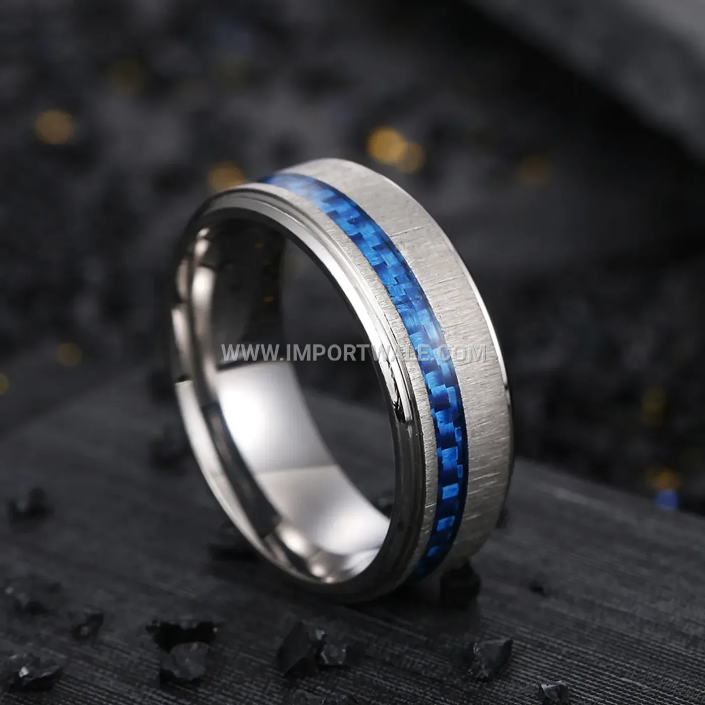 Brushed Matte Stainless Steel Carbon Fiber Band Ring