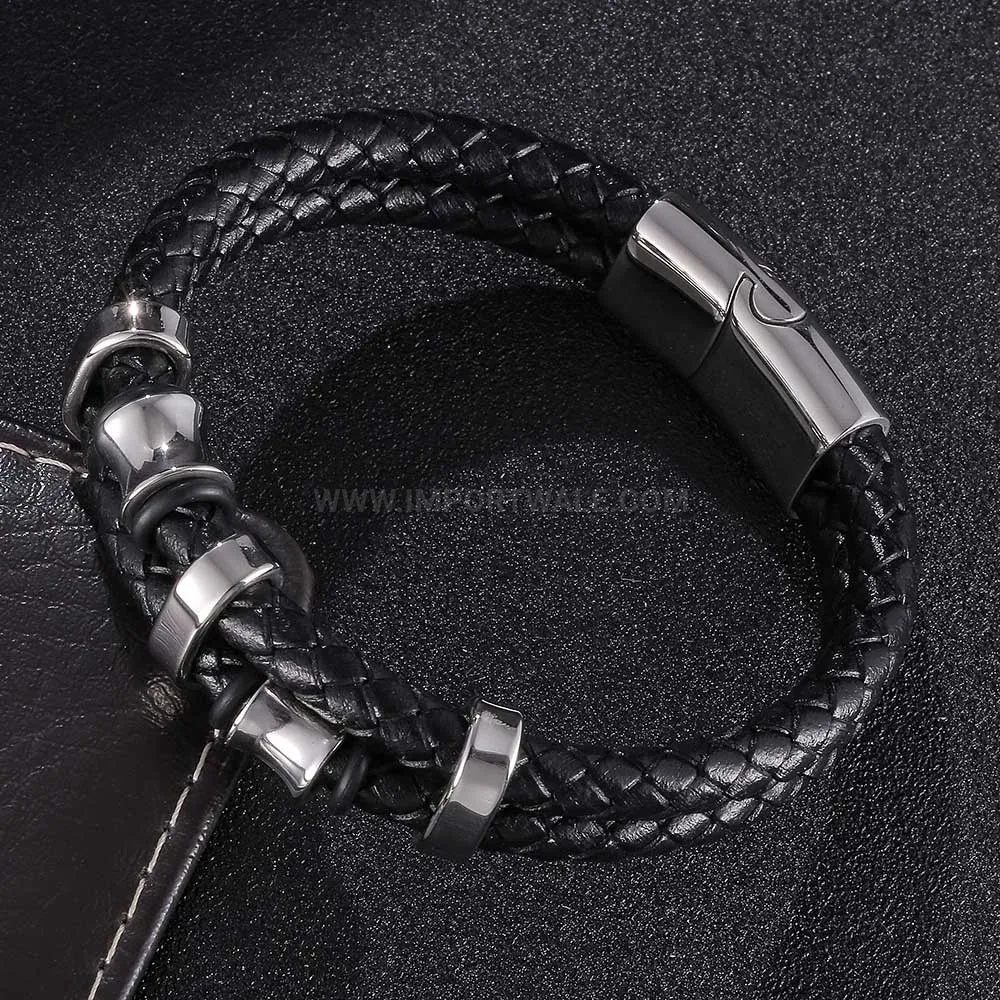 Men's Braided Leather Bracelet with Stainless Steel Magnetic Clasp
