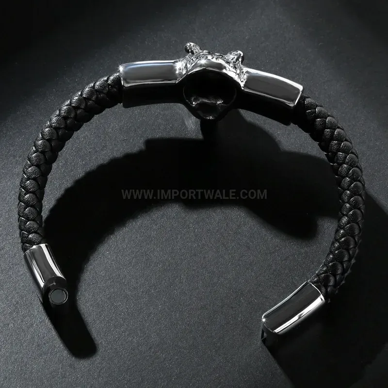 Bold Beast King Emblem Stainless Steel Leather Men Bracelet