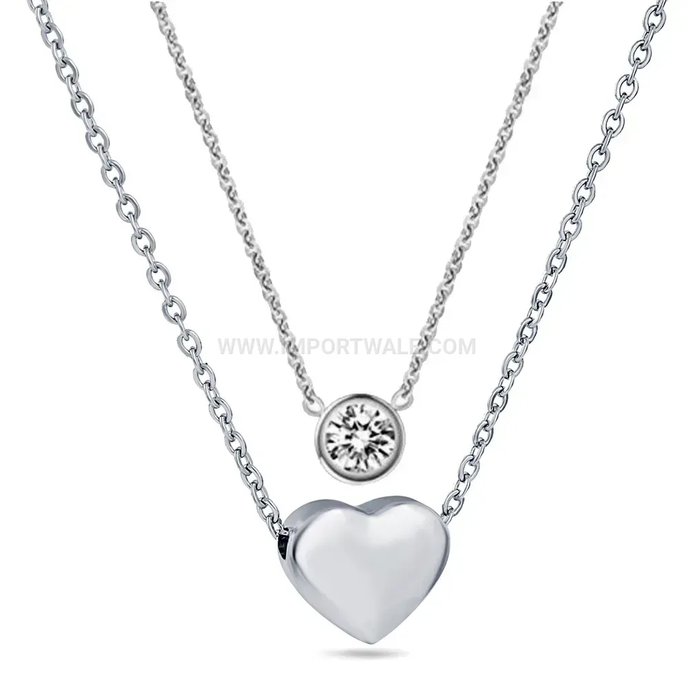 Layered Stainless Steel Beaded Chain Heart Pendant Rhinestone Necklace