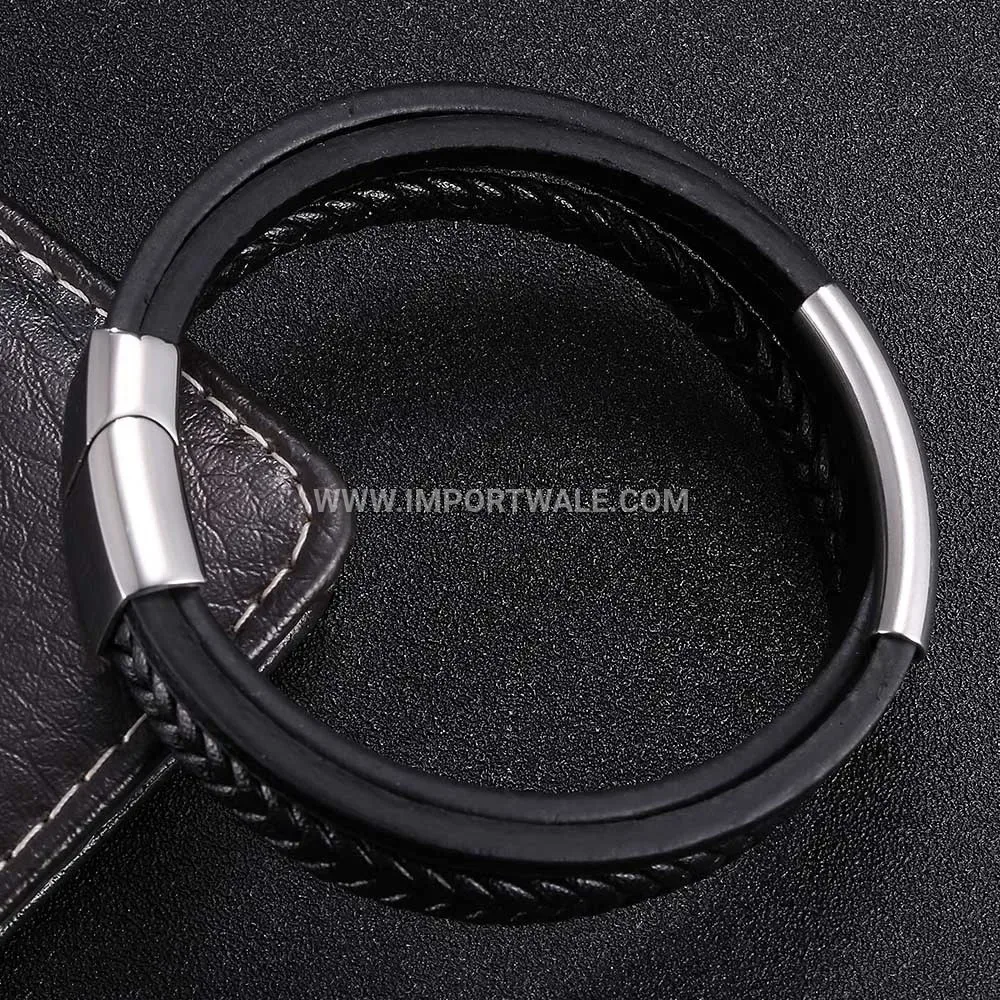 Multi Cord Black Leather Stainless Steel Statement Bracelet for Men