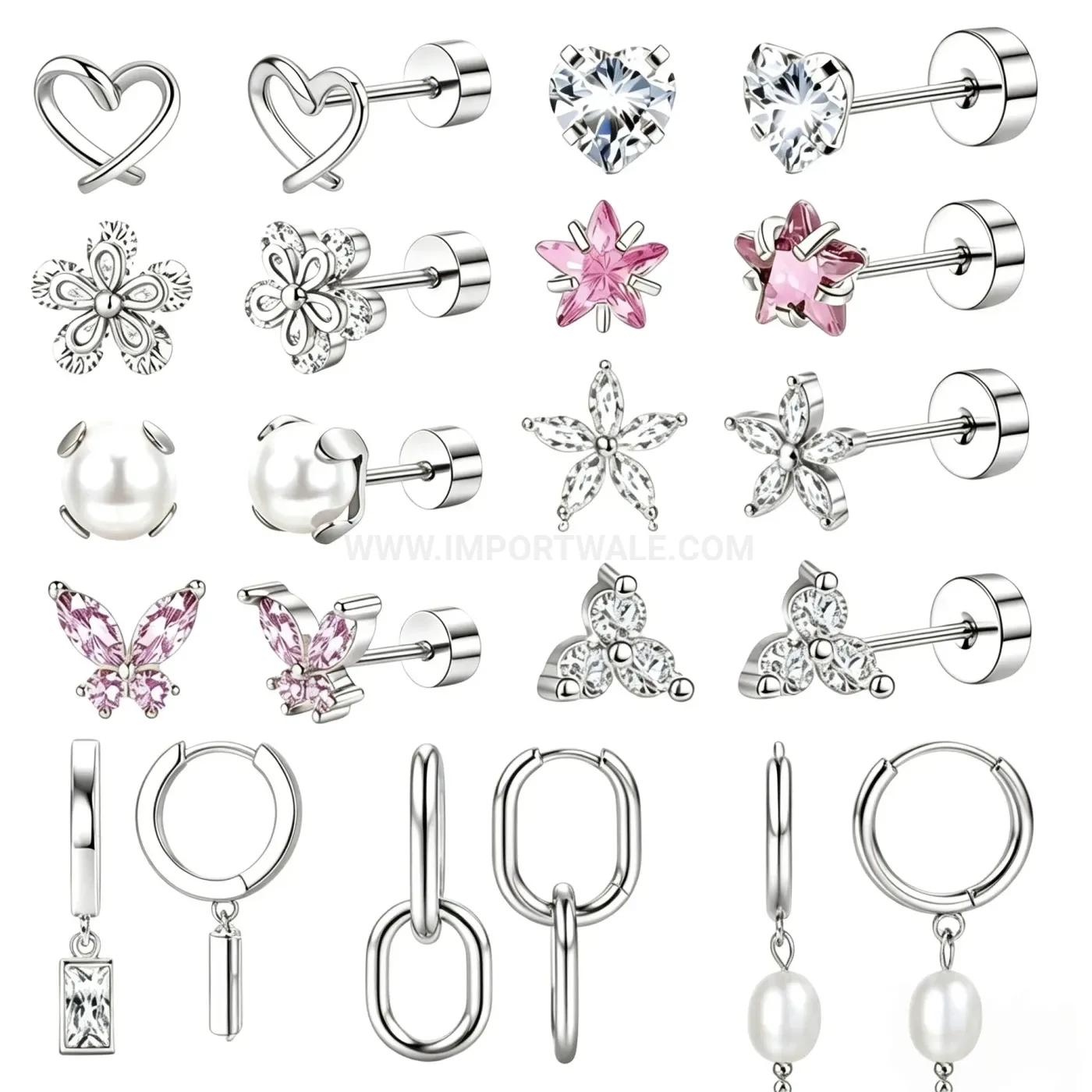 Chic Charming Stainless Steel Floral Heart Dangle Pearl Piercing Stud Set