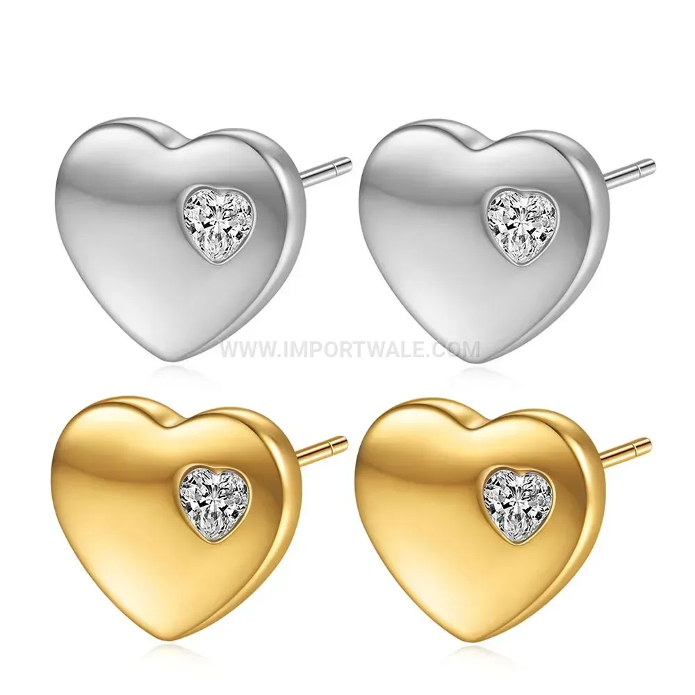 Polished Heart Stainless Steel Crystal Stud Earrings