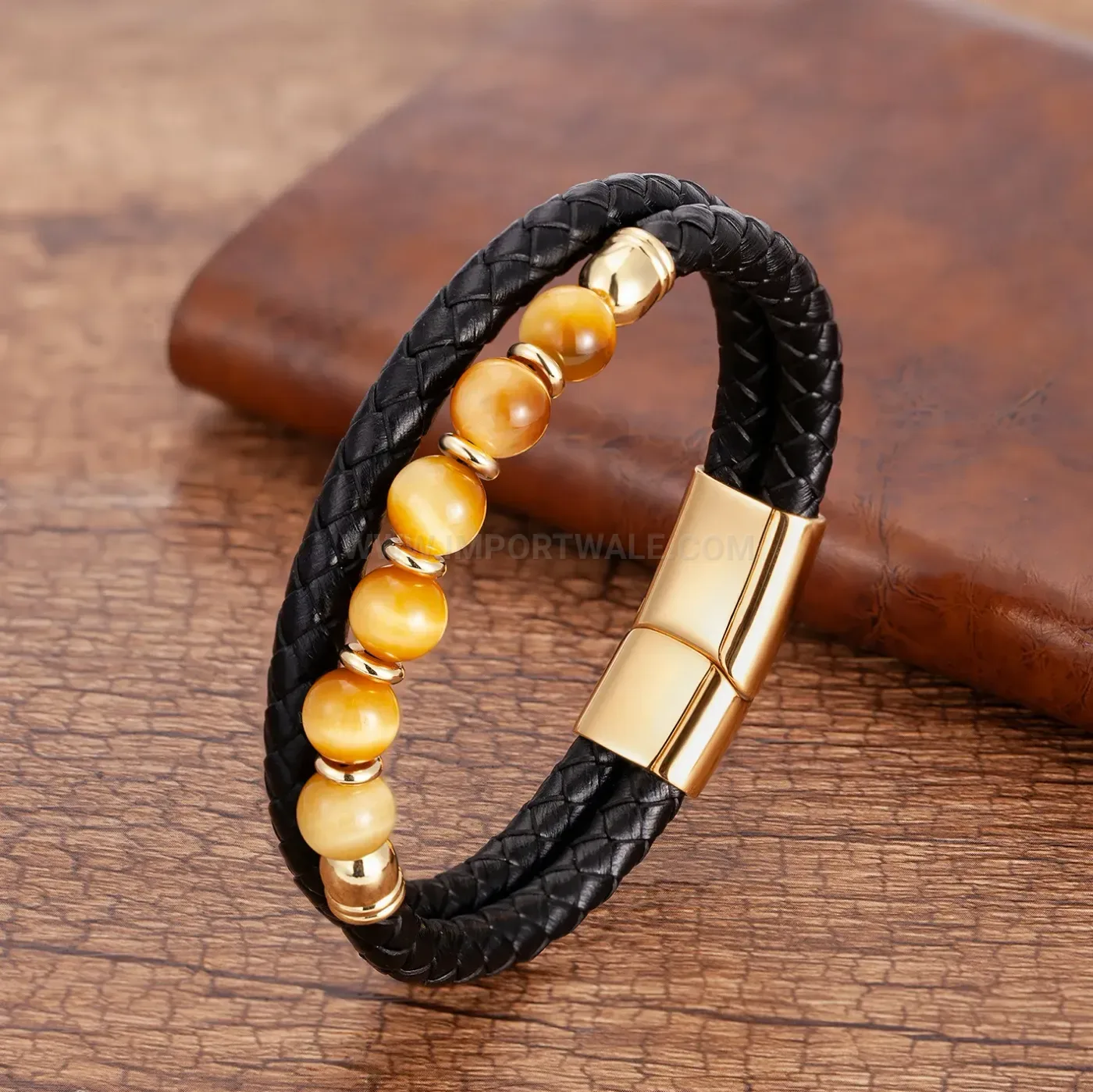 Tigers Eye Bead Braided Leather Wrap Bracelet Stainless Steel