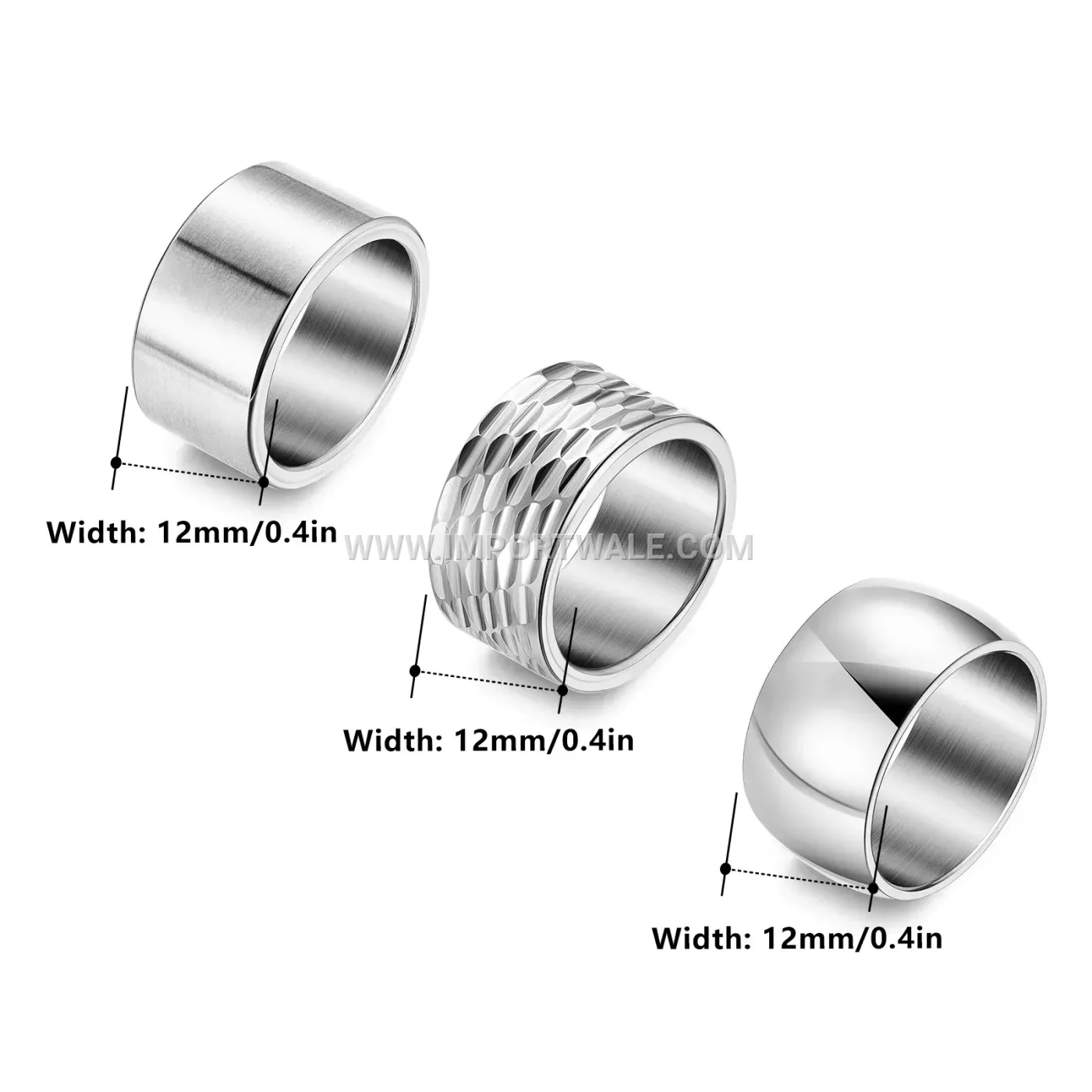 Hammered Finish Wide Stainless Steel Ring Trio