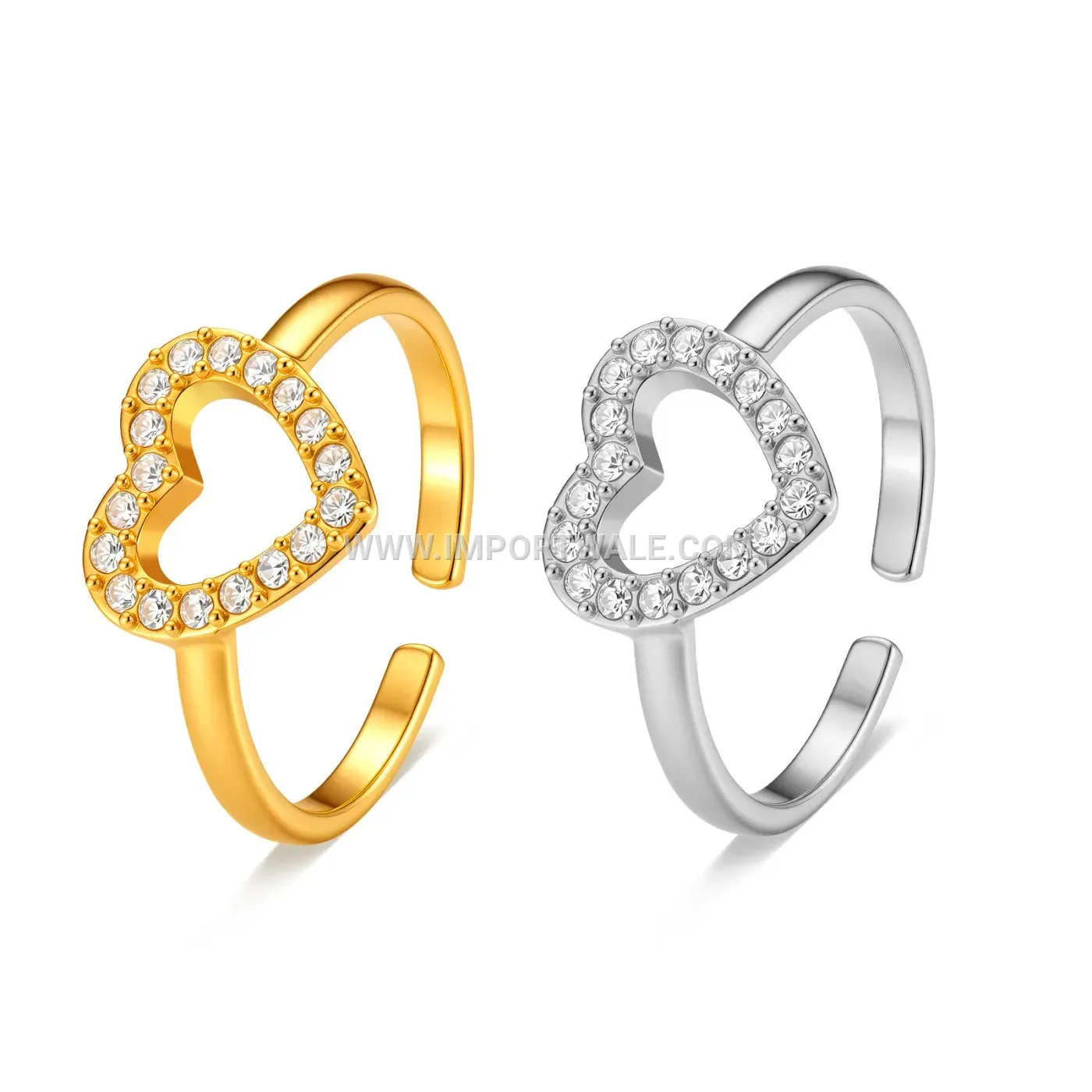 Open Heart Stainless Steel Rhinestone Adjustable Ring