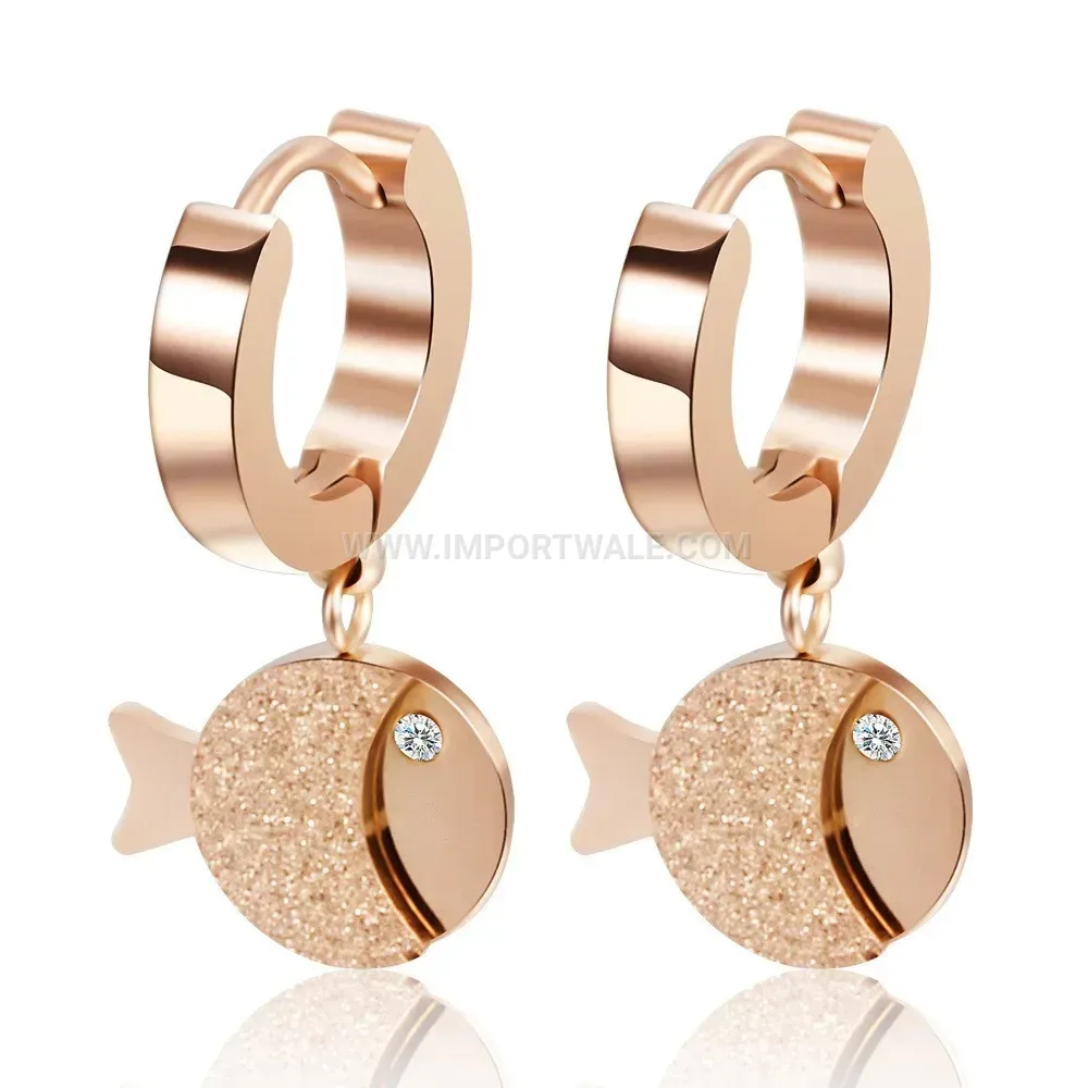 Rose Gold Frosted Stainless Steel Fish Hoop Earrings