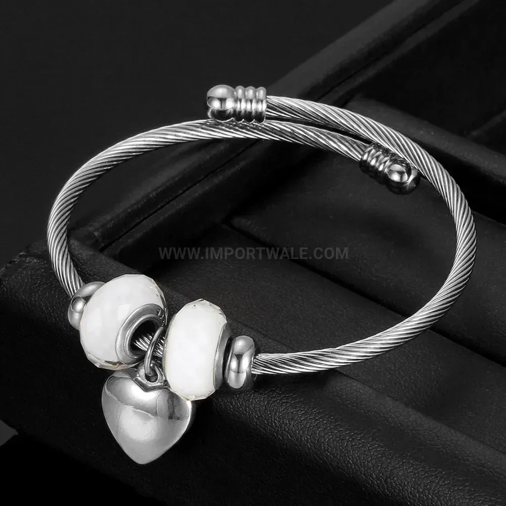 Bold Adjustable Stainless Steel Glass Bead Bangle With Heart Pendant