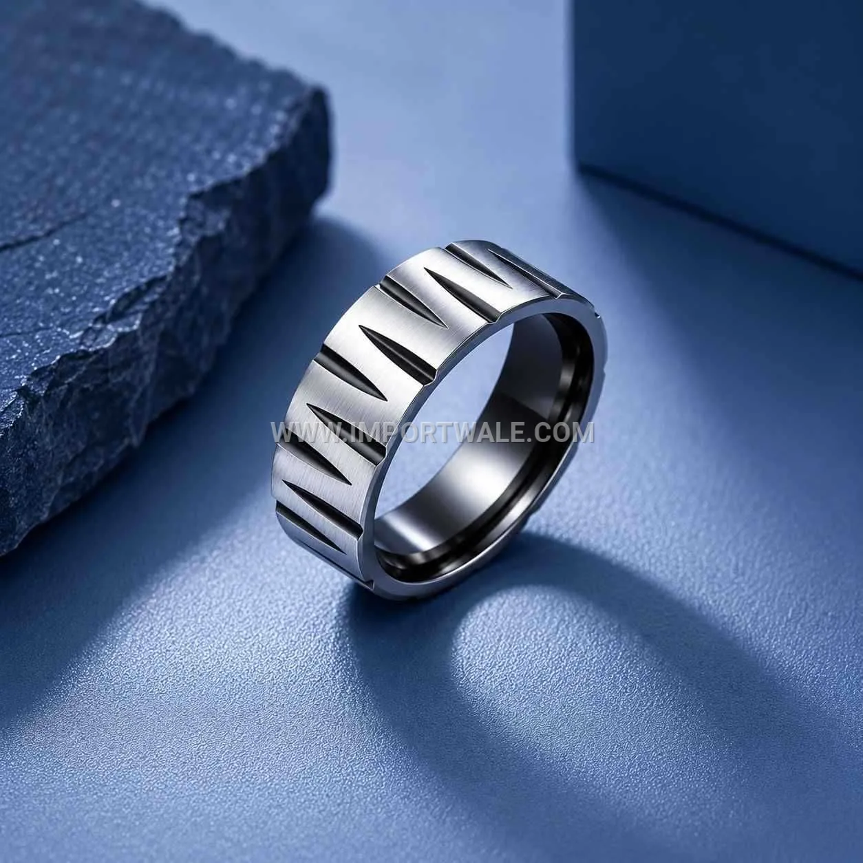 Brushed Rainbow Stainless Steel Faceted W Pattern Band Ring