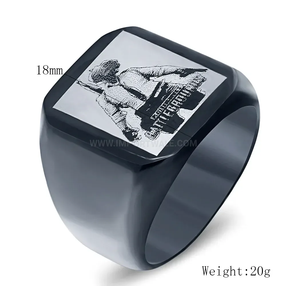 Modern Engraved Square Signet Ring in Black Stainless Steel