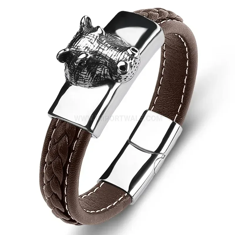 Fashion Horse Head Emblem Leather Stainless Steel Men Bracelet