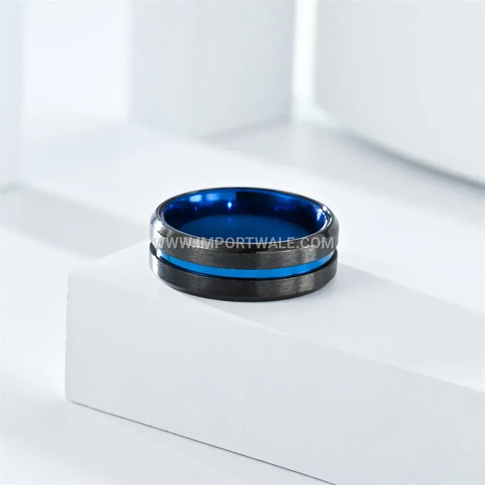 Two-Tone Stainless Steel Men's Ring with Blue Accent