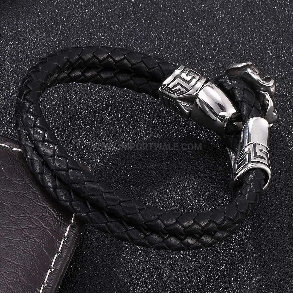 Vintage Camellia Stainless Steel Braided Leather Bracelet