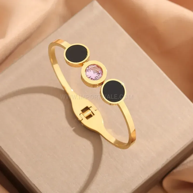 Modern Vintage Style Open Spring Titanium Steel Bangle with Pink Crystals