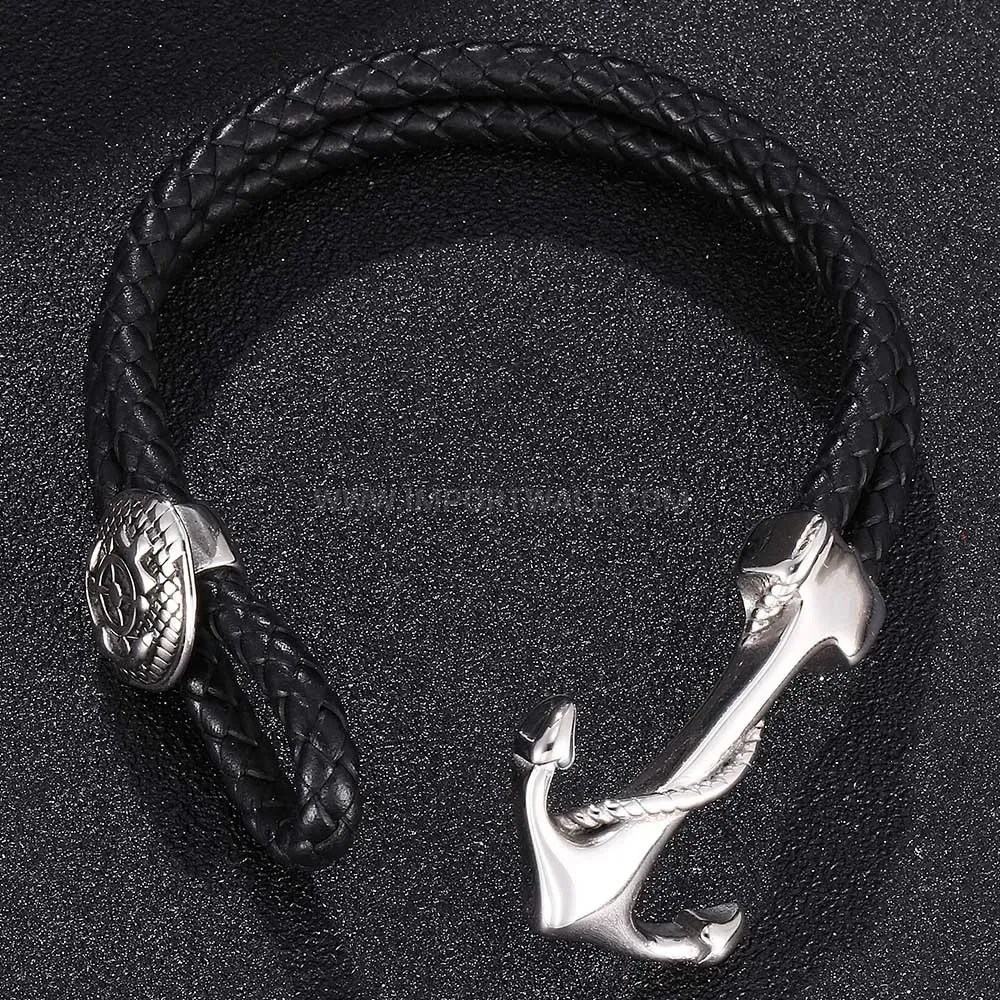 Double Wrap Leather Anchor Bracelet in Stainless Steel