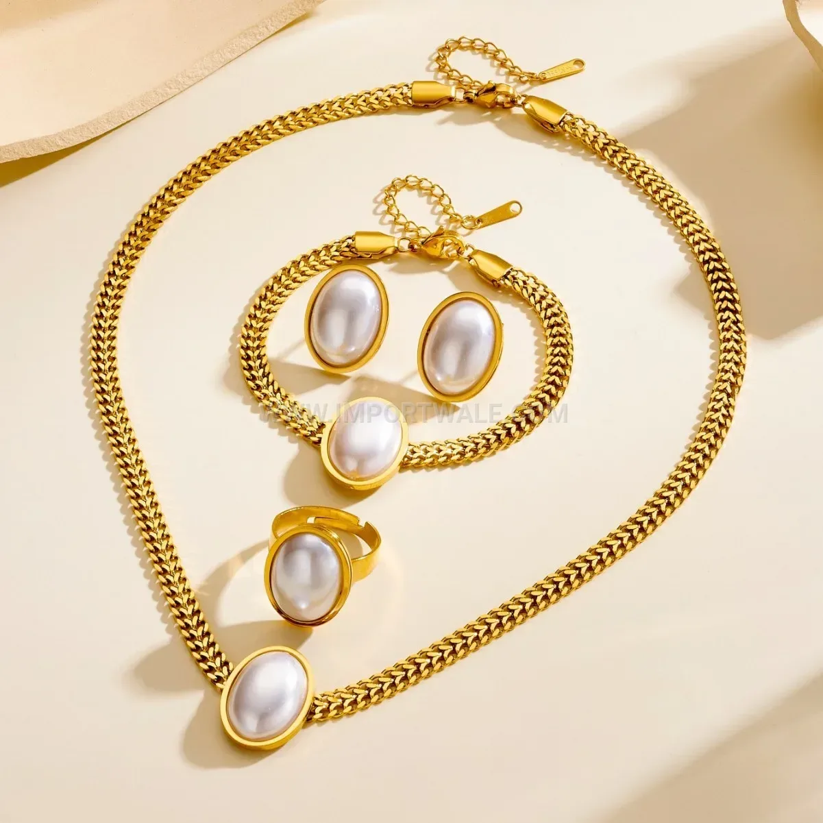 Bold Stainless Steel Oval Pearl Jewelry Set