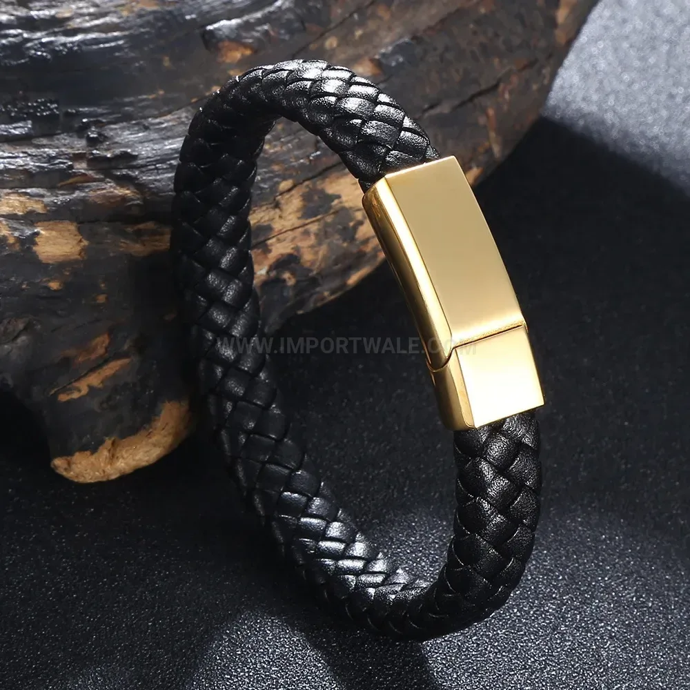 Braided Leather Wristband with Gold Plated Stainless Steel Magnetic Clasp
