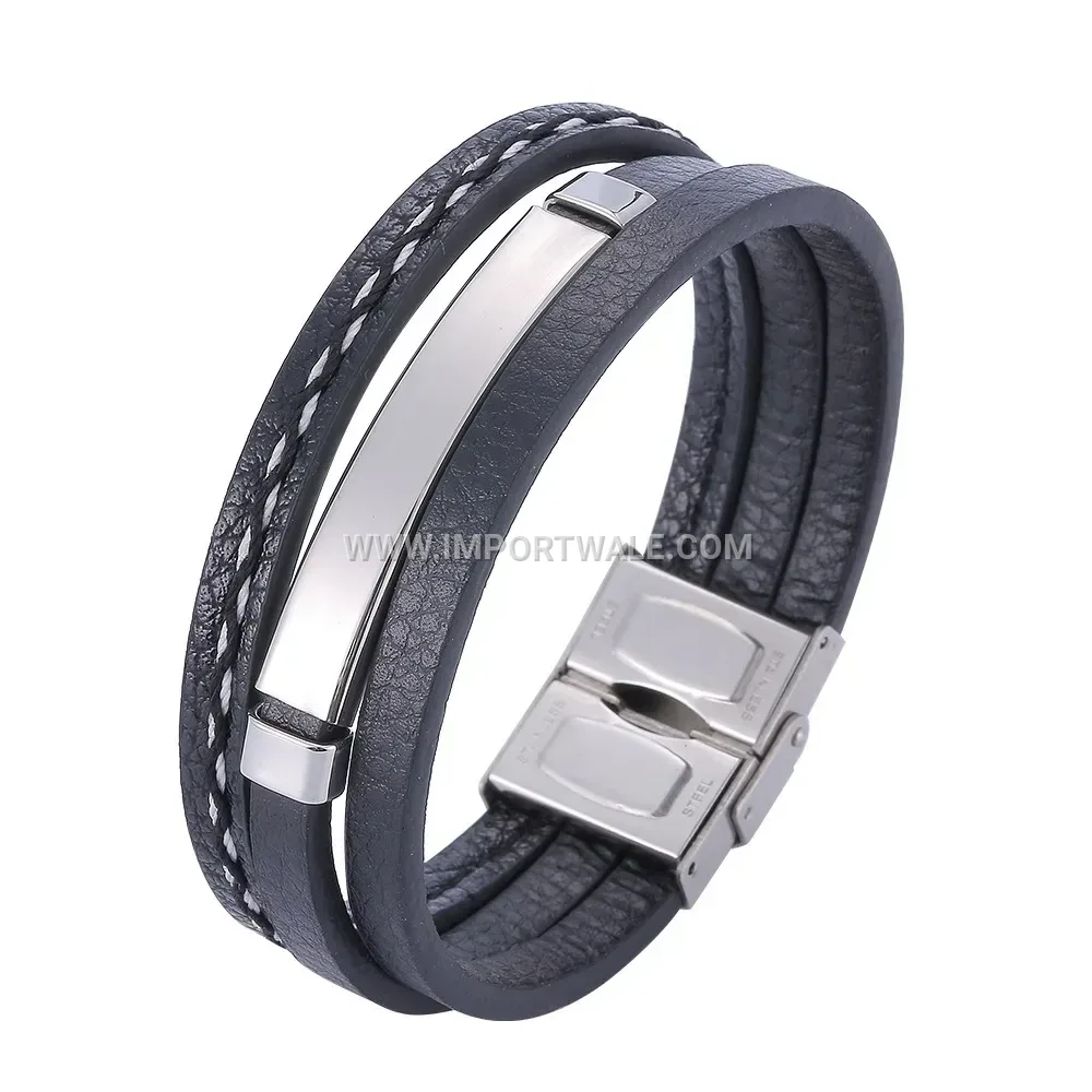 Minimalist Stainless Steel Leather Accent Men Bangle Bracelet