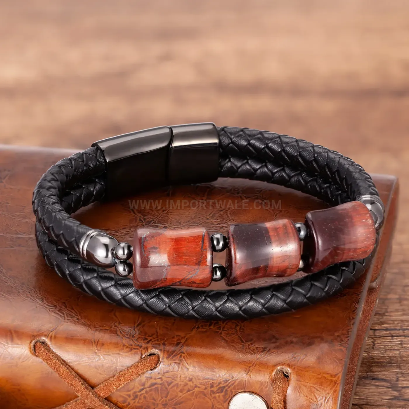 Bamboo Joint Stone Leather Cording Bracelet with Stainless Steel Clasp