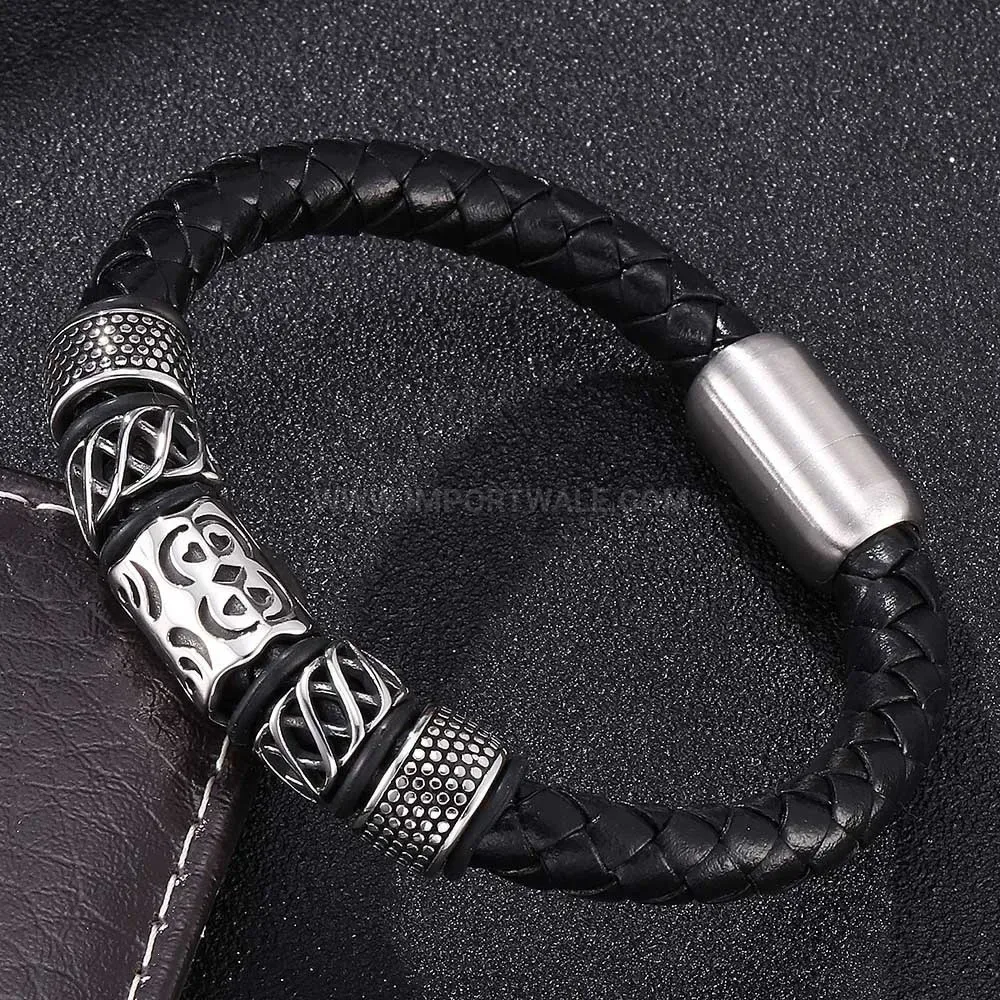 Braided Genuine Leather Cord Wristband With Vintage Stainless Steel Clasp