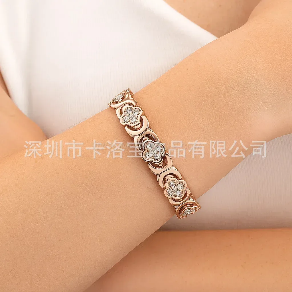 Trendy Pure Red Copper Four-Leaf Clover Magnetic Bio Therapy Bracelet