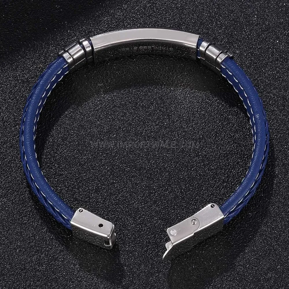Woven Blue Leather and Stainless Steel Bracelet