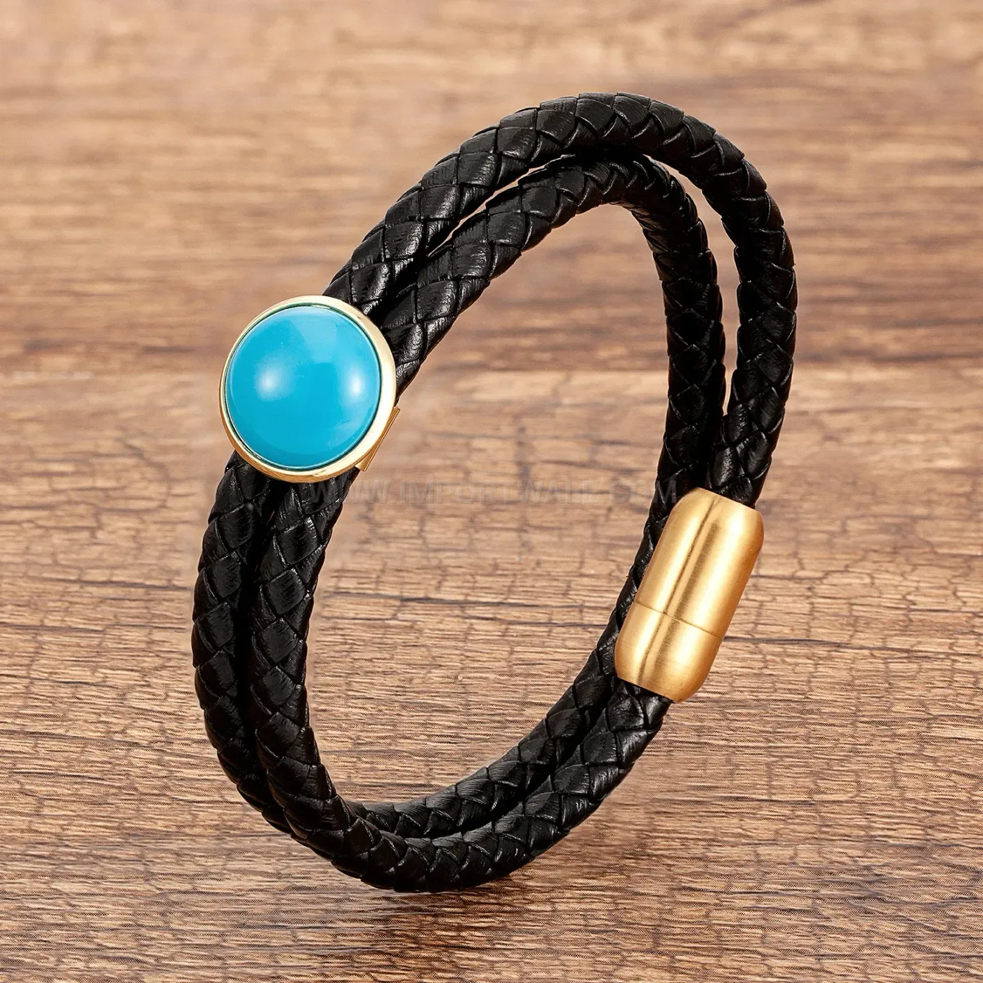 Double Layer Woven Leather Stone Bracelet with Magnetic Clasp
