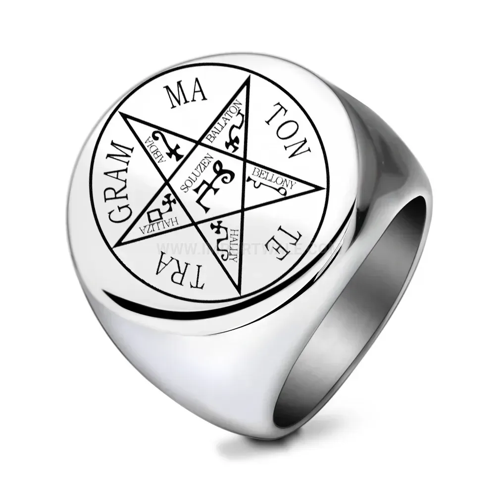 Bold Vintage Engraved Round Occult Stainless Steel Signet Ring
