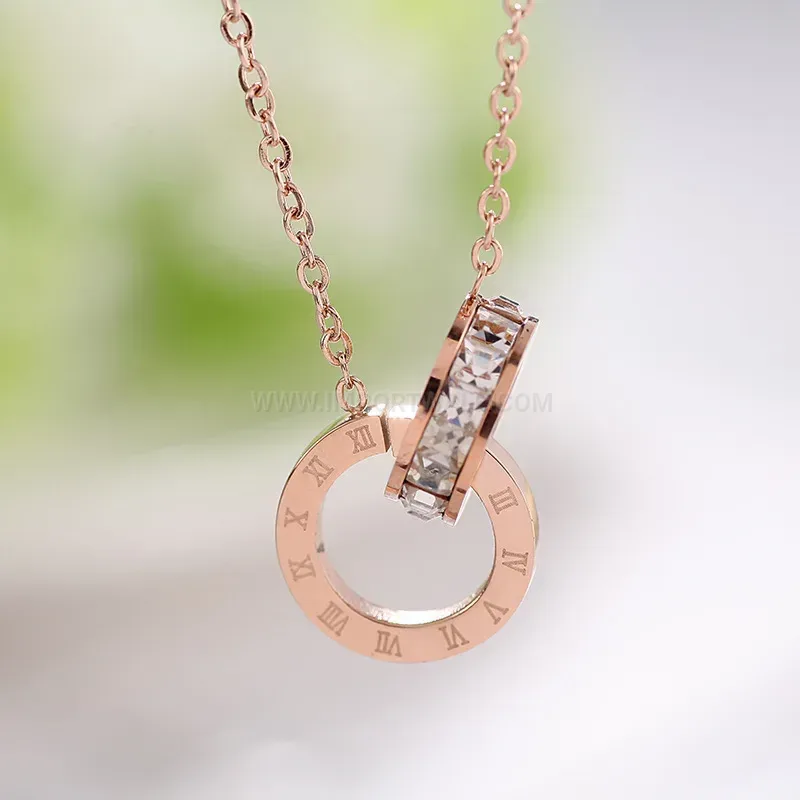 Chic Titanium Steel Roman Numeral Double Ring Necklace