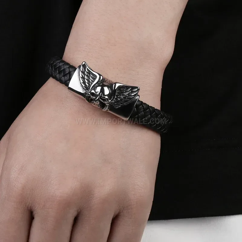 Stylish Gothic Skull Accent Braided Leather Stainless Steel Men Bracelet