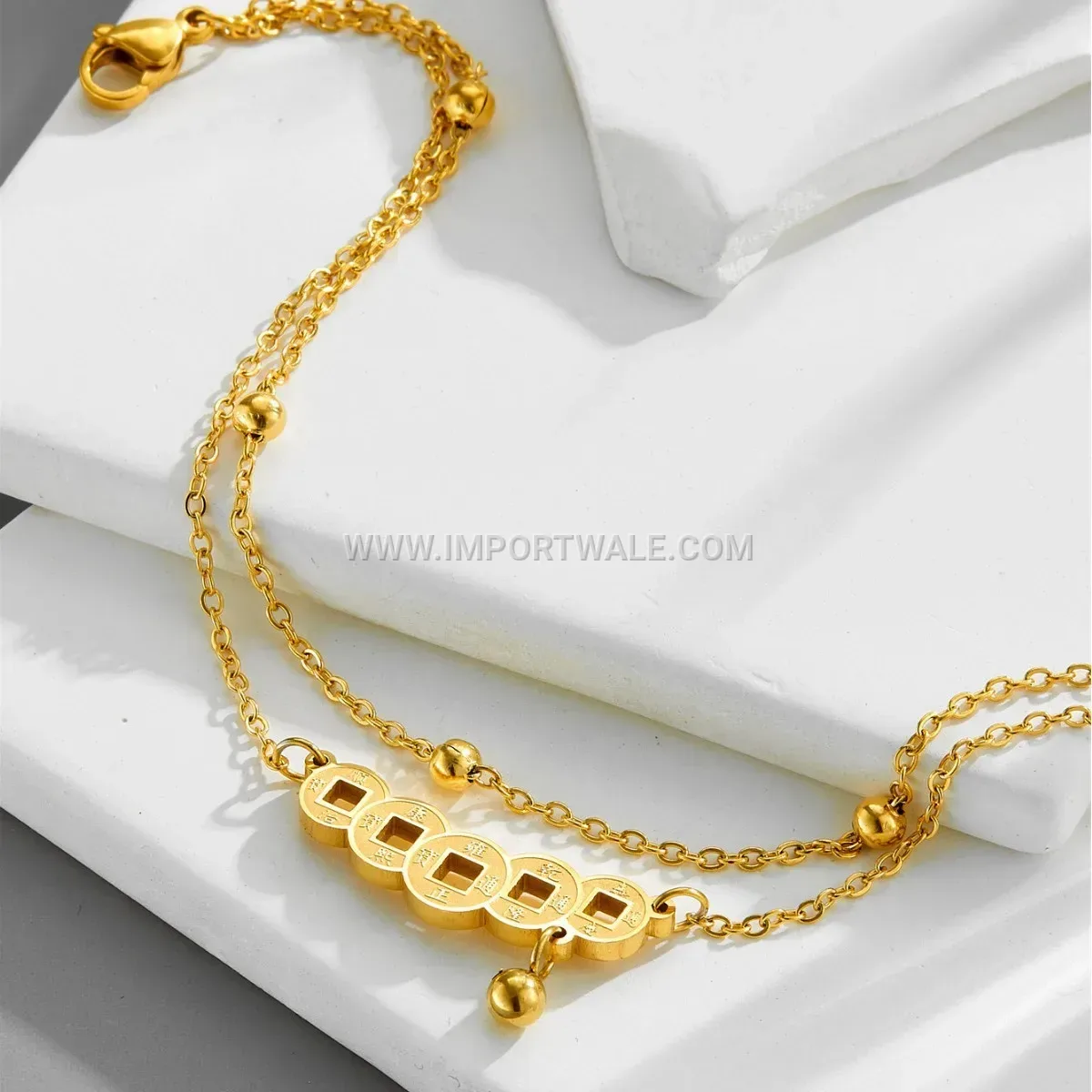 Gold Titanium Steel Layered Coin Motif Anti Tarnish Anklet