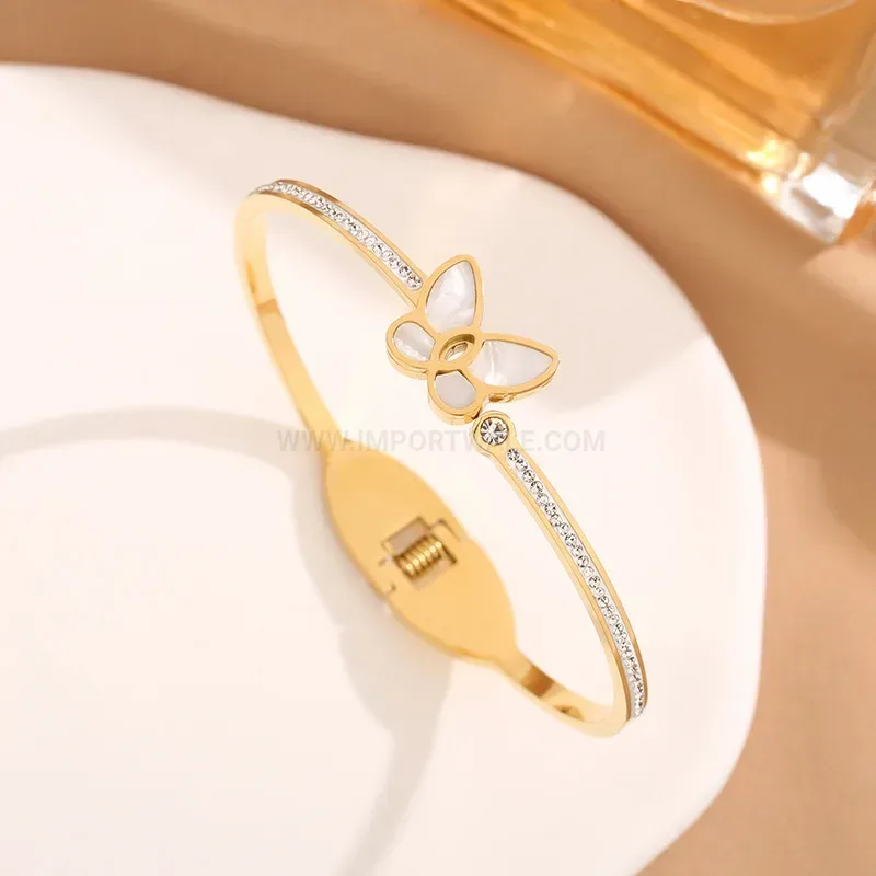 Rhinestone Butterfly Faux Shell Titanium Open Bangle