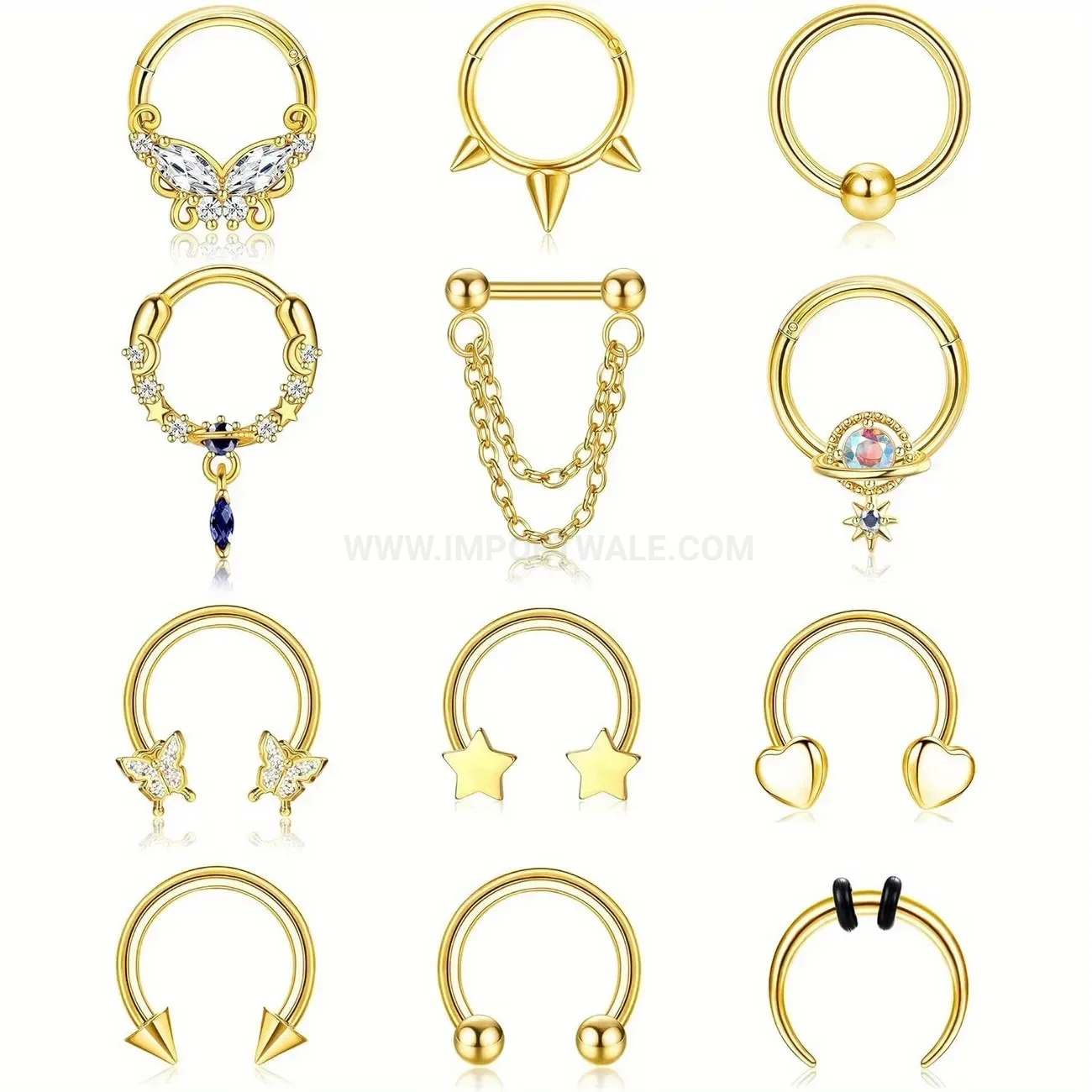 Bold Stainless Steel Rhinestone Butterfly Spiked Piercing Nose Ring Set