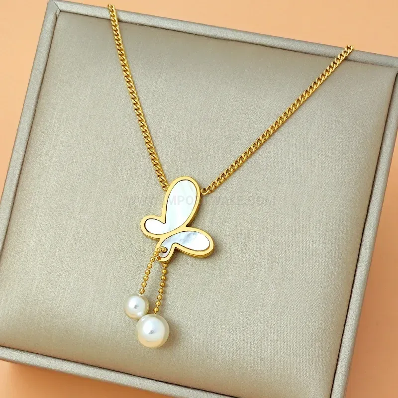 Titanium Steel Butterfly Pearl Pendant Necklace