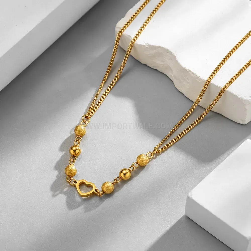 Bold Beaded Heart Pendant Gold Plated Stainless Steel Necklace