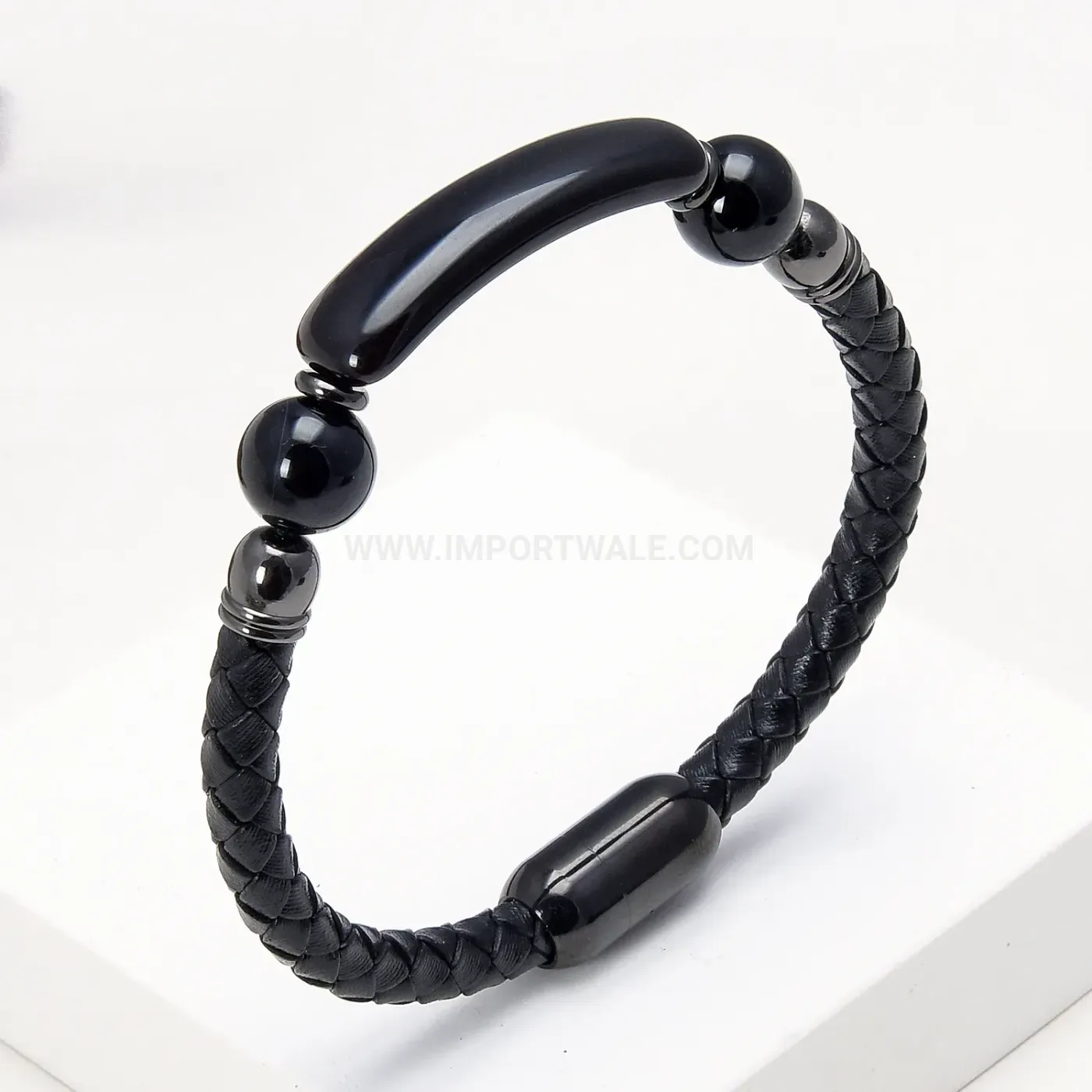Woven Leather Stone Bracelet with Stainless Steel Clasp