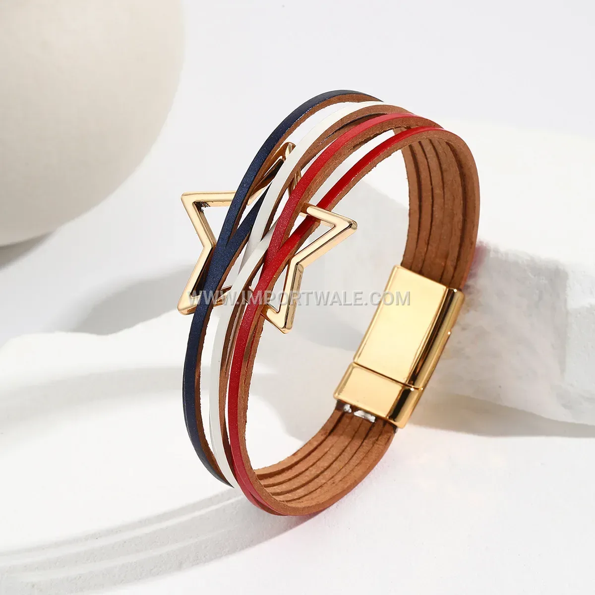 Multi-Strand Red White Blue Leather Bracelet With Star