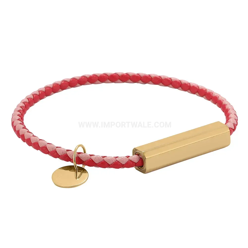 Gold-Plated Magnetic Clasp Braided Leather Tag Bracelet