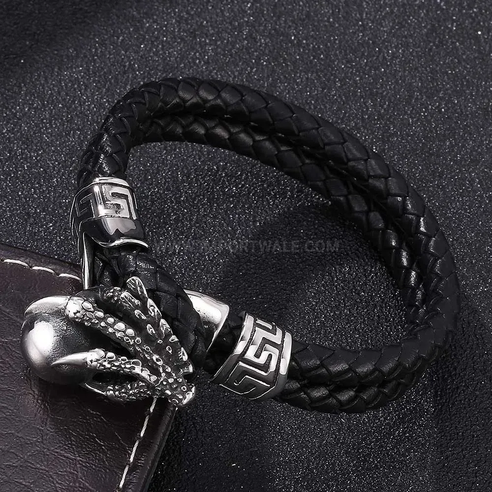 Woven Leather Dragon Claw Accent Stainless Steel Bracelet